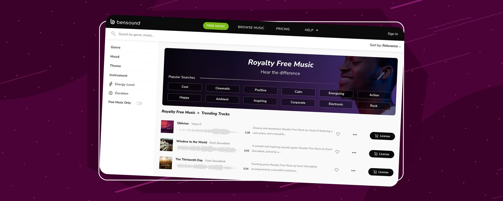 The Bensound royalty-free music website homepage