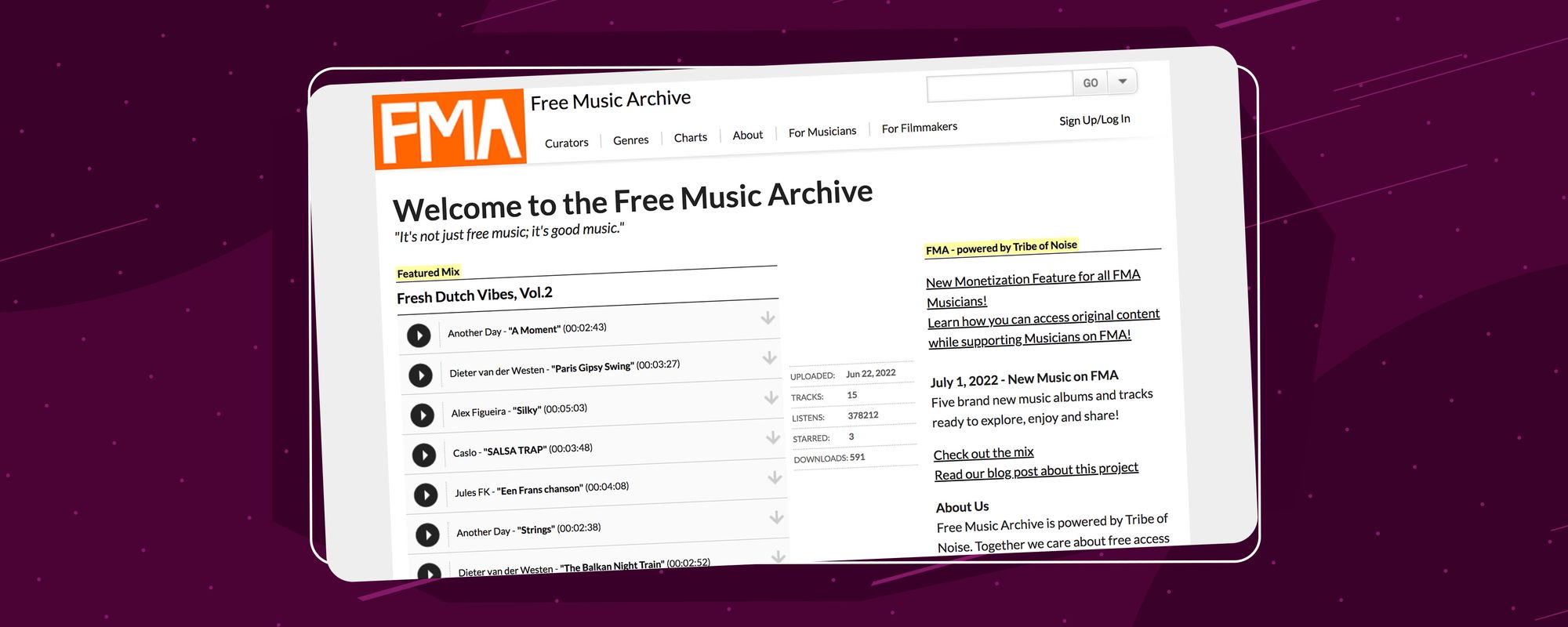 The Free Music Archive royalty-free music website homepage