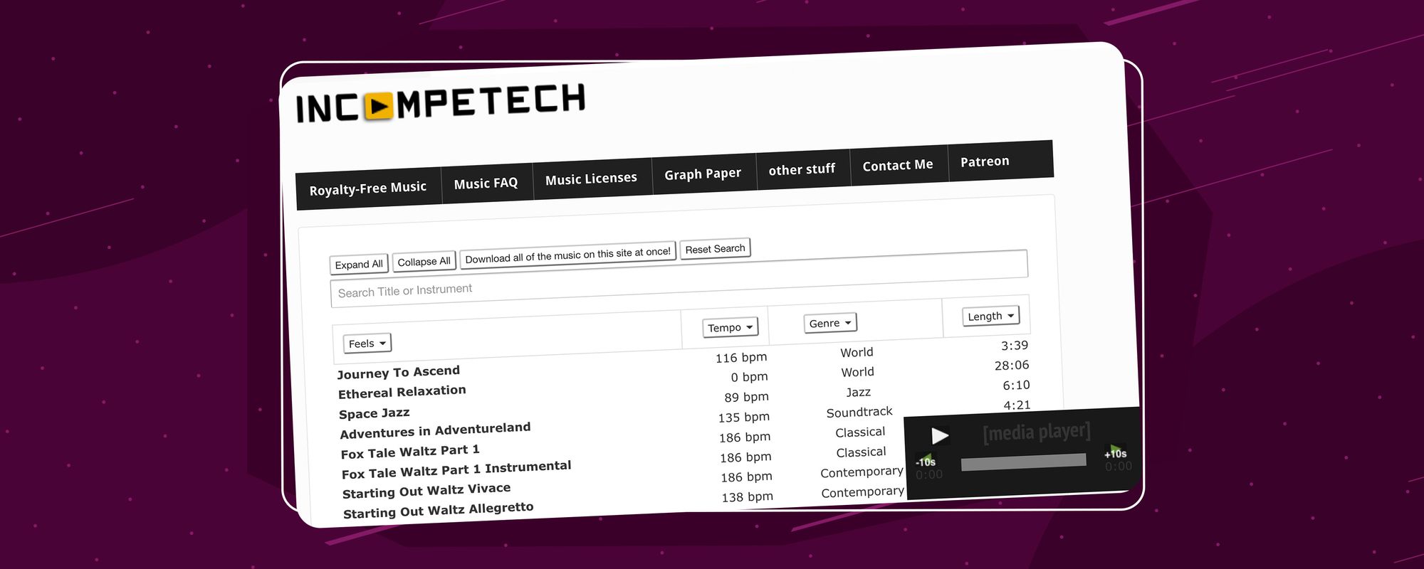 The Incompetech royalty-free music website homepage