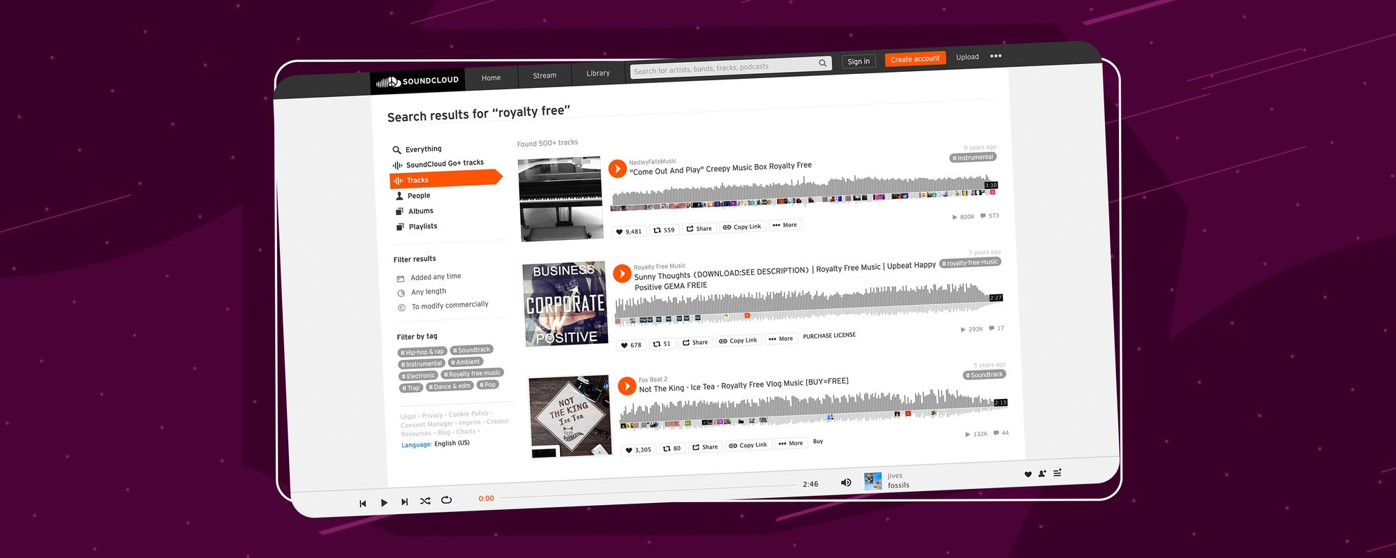 Search results for royalty-free music on Soundcloud