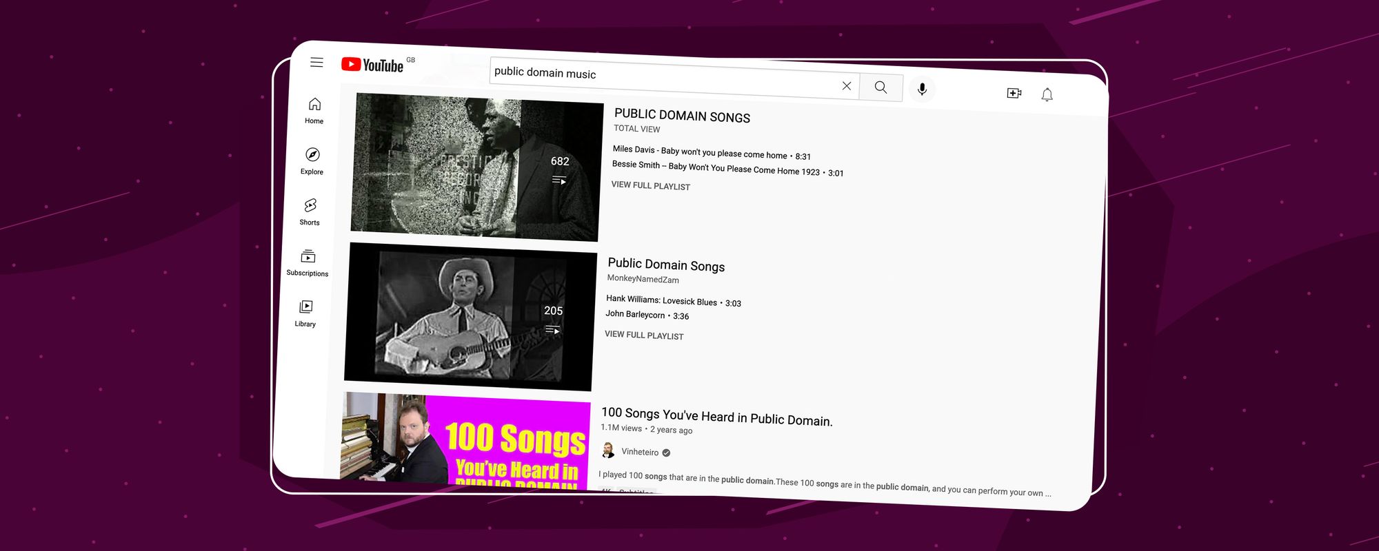Examples of public domain music available on YouTube