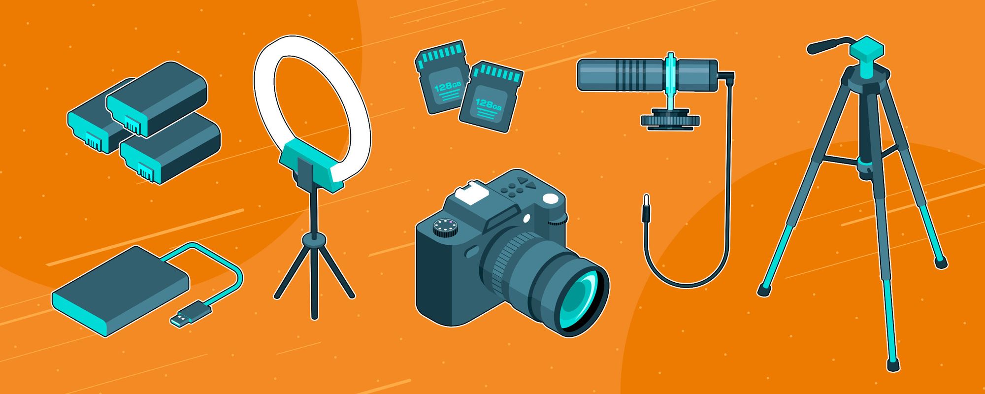 Illustration of different types of accessories for filming YouTube videos.