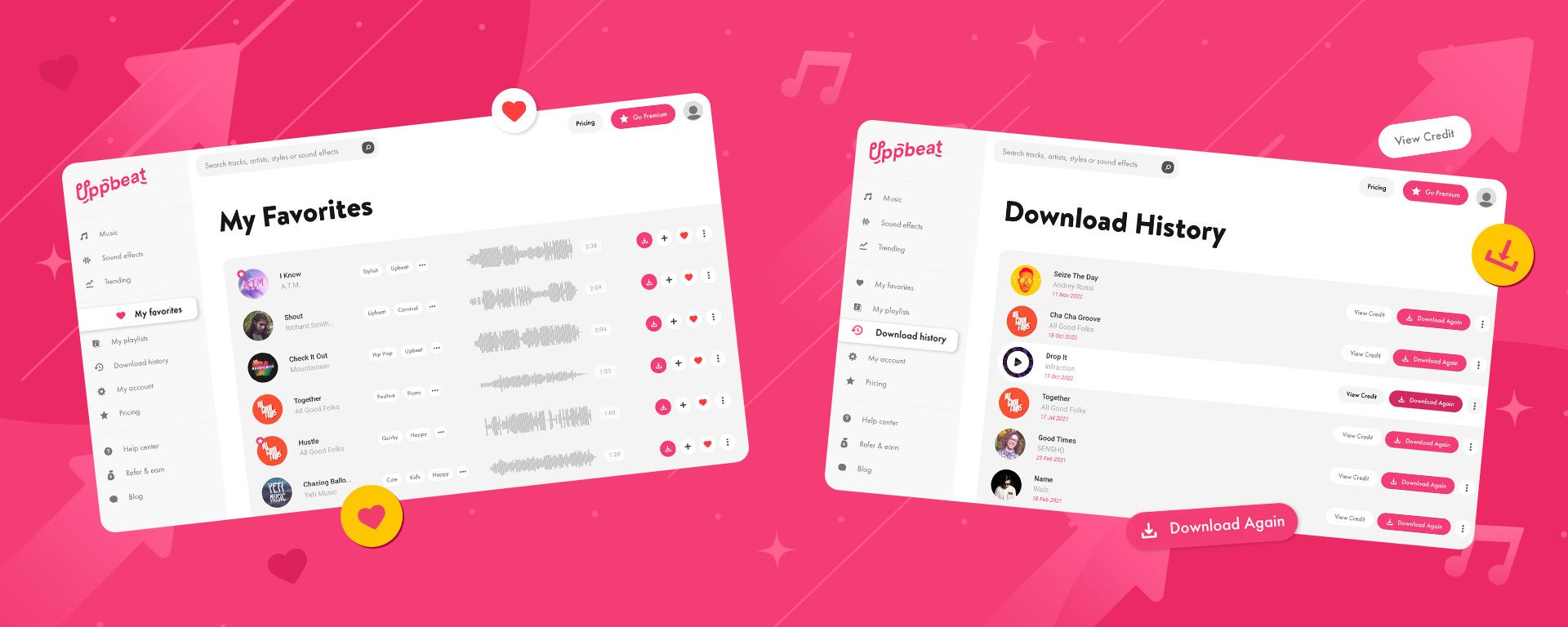 Screenshots from Uppbeat's music platform for creators.