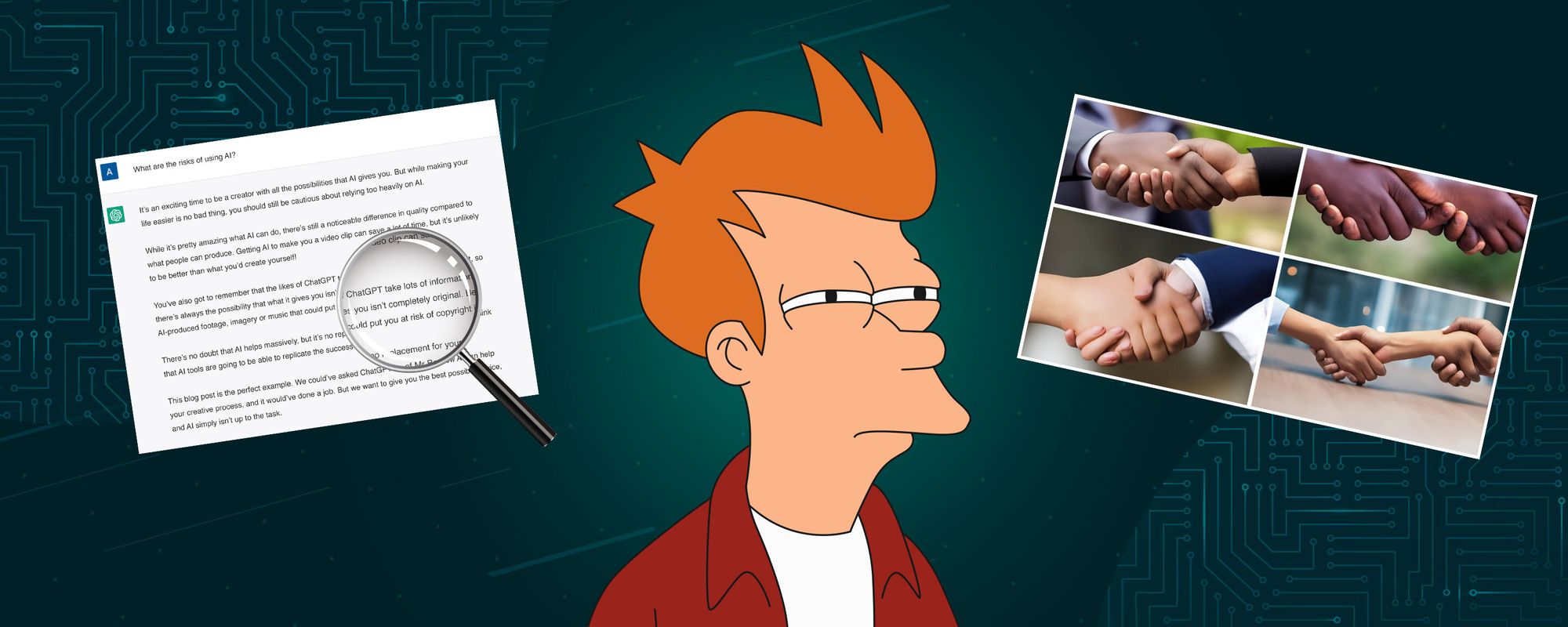 A meme image of Fry from Futurama looking confused at an AI-generated image and AI-generated copy.