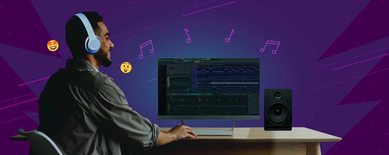 Image of a content creator using AI music in his video project.