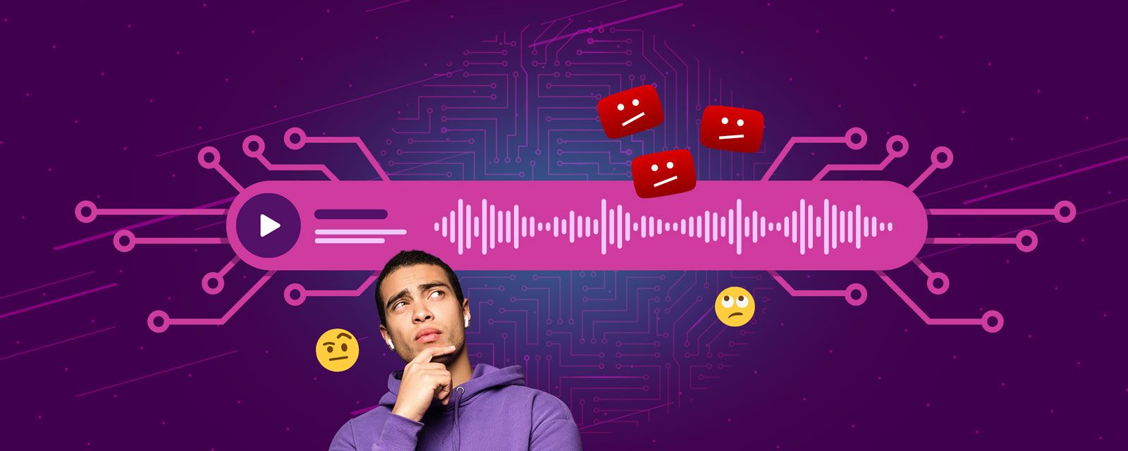 Illustration of a content creator looking apprehensive in front of an AI music sound bar.