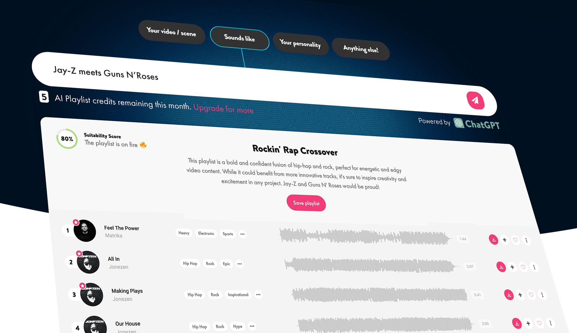 Example search on Uppbeat's AI Playlist Generator.