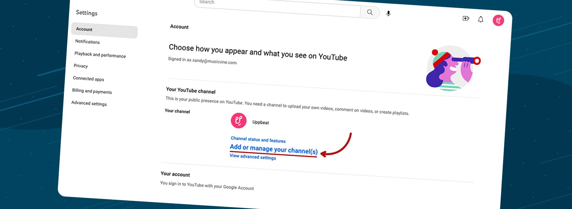 Screenshot of how to create a second channel on YouTube.