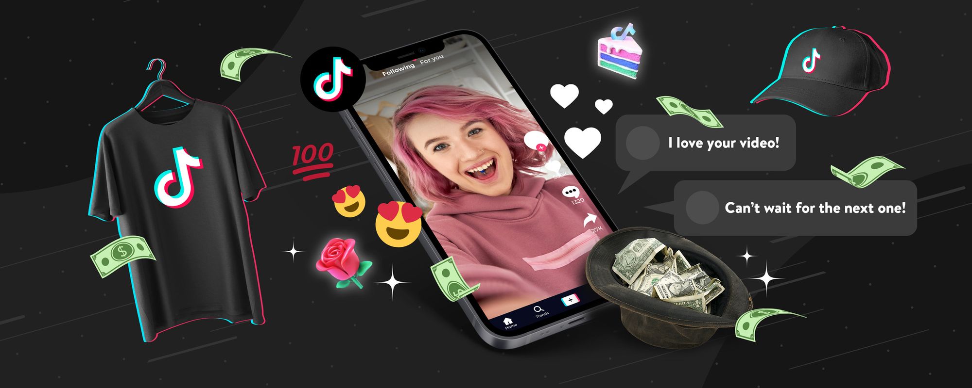 Examples of different ways creators can make money on TikTok, including Tips and selling merch.