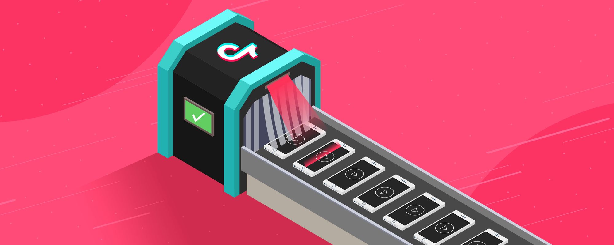 Illustration of a machine representing TikTok scanning phones for copyrighted content.