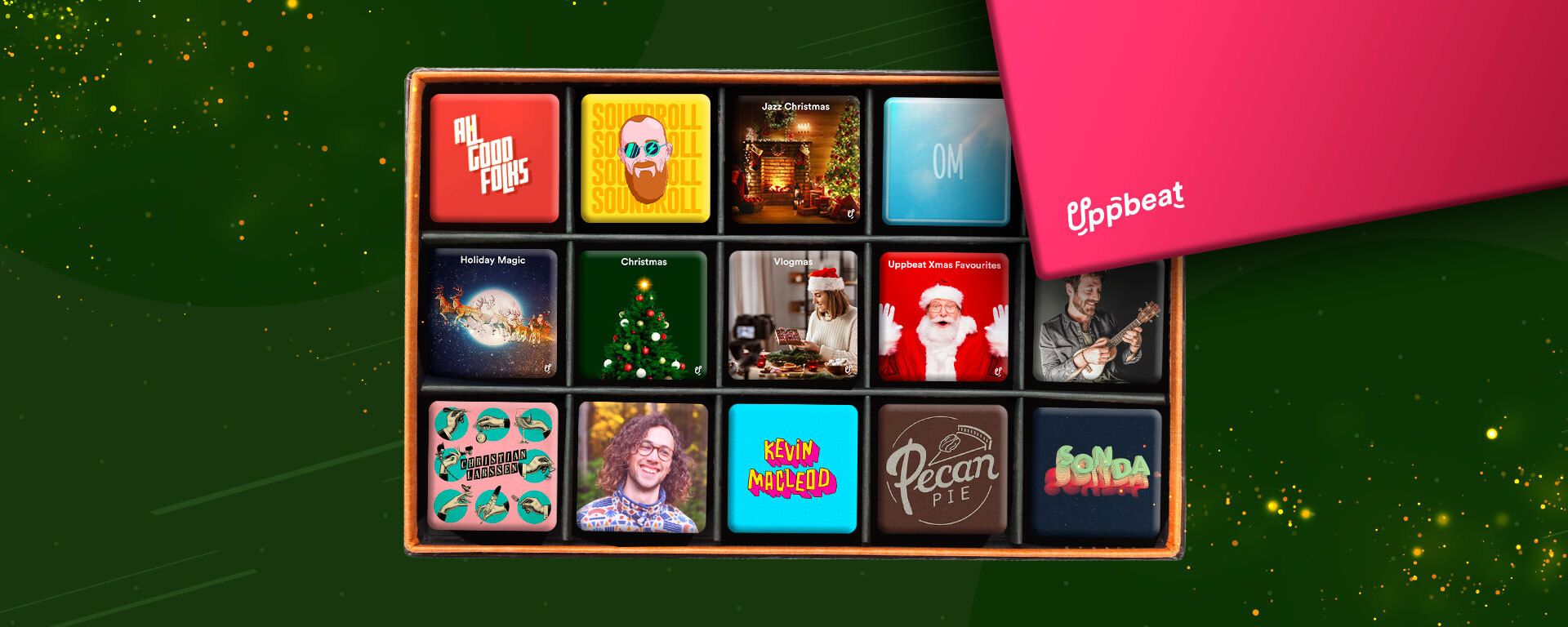 An illustration of a selection box containing different Uppbeat copyright-free music artists