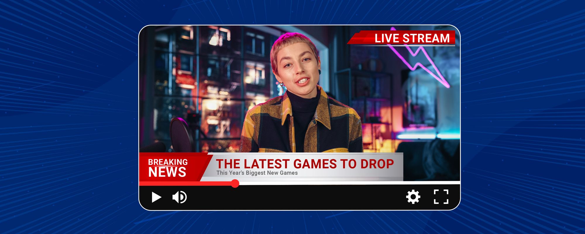 Image of a gaming creator in a news screen setup to highlight potential gaming video ideas based on the latest news.