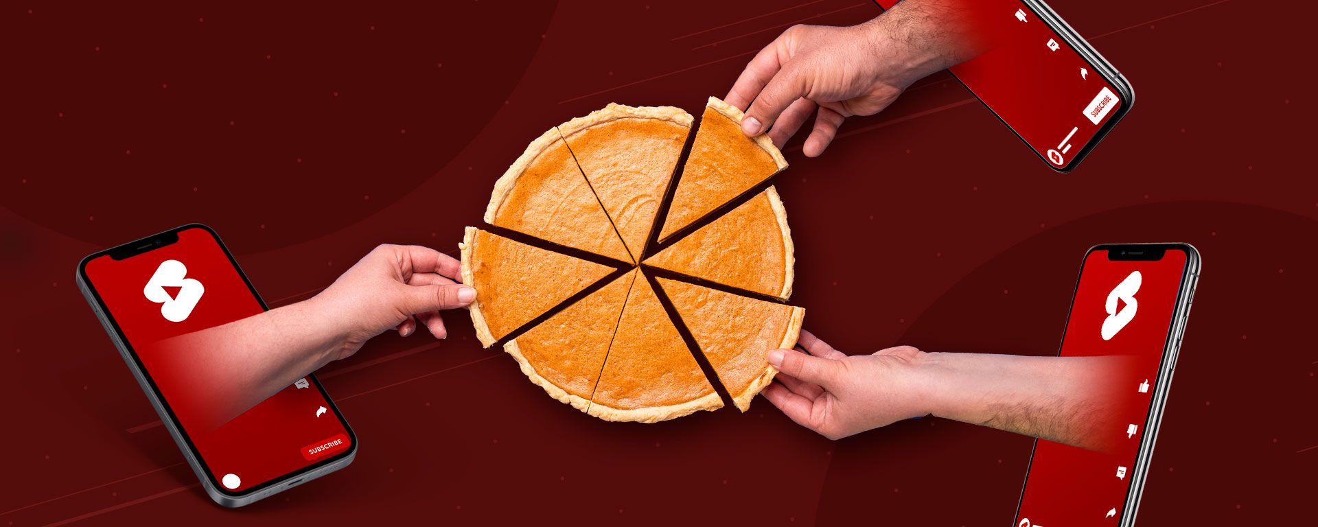 Image of YouTube creators' hands reaching out of Shorts on phone screens to reach for their share of a pie, representing ad revenue sharing on YouTube Shorts.