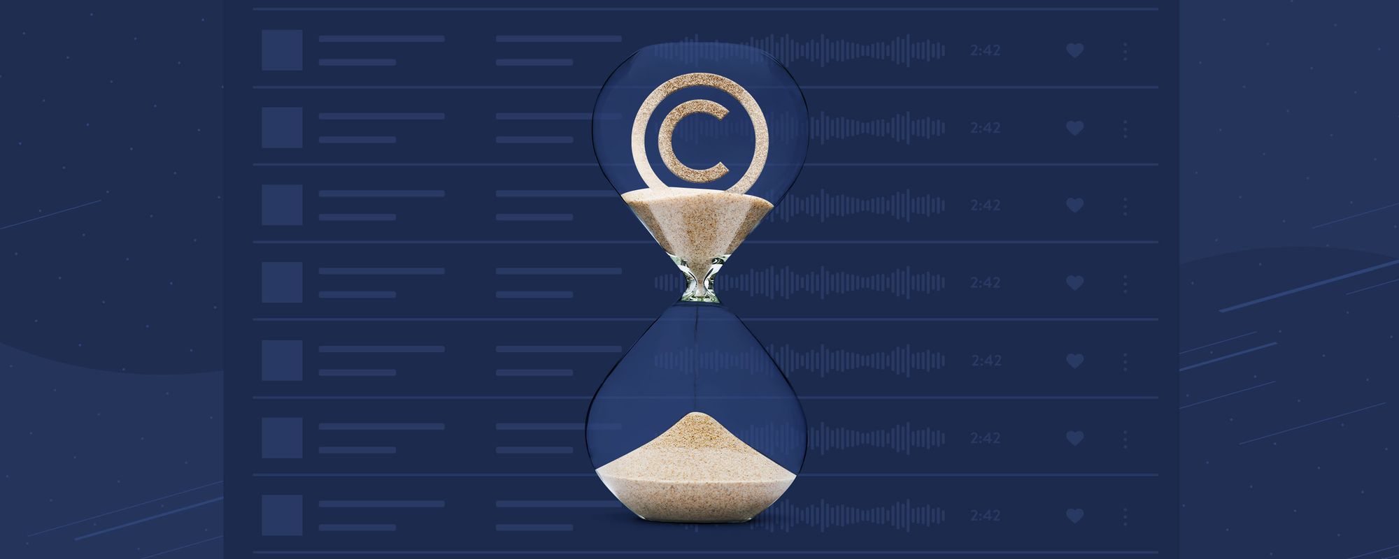 Image of an hourglass with a copyright logo to accompany an explanation of how long music copyright lasts for songs.