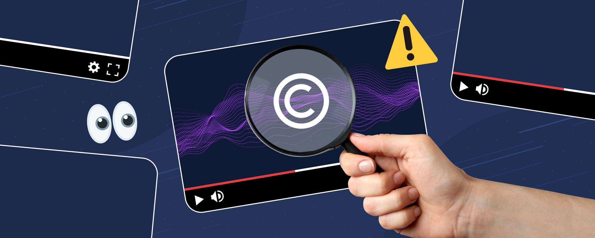 Image of a magnifying glass in front of a YouTube screen to show how content platforms search videos for copyrighted music.