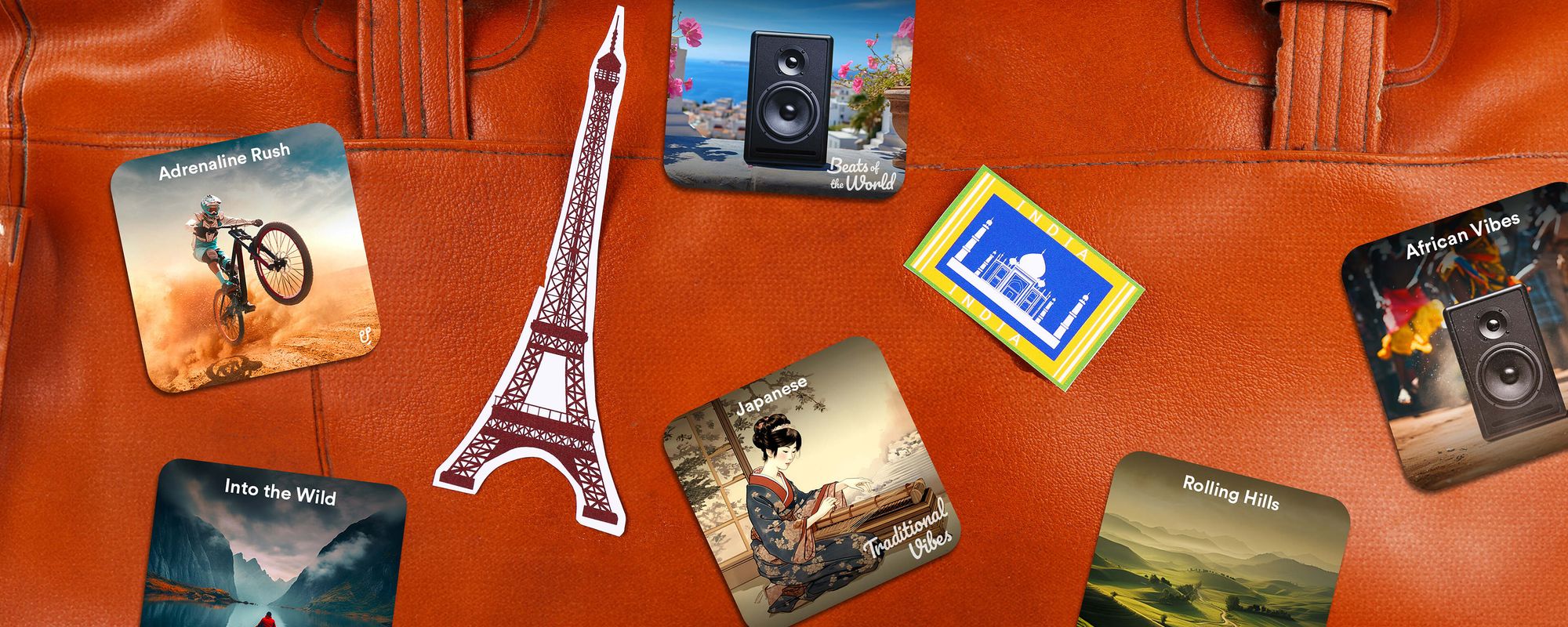 Image of different badges on a piece of luggage, including badges that replicat the imagery used on Uppbeat travel music playlists.