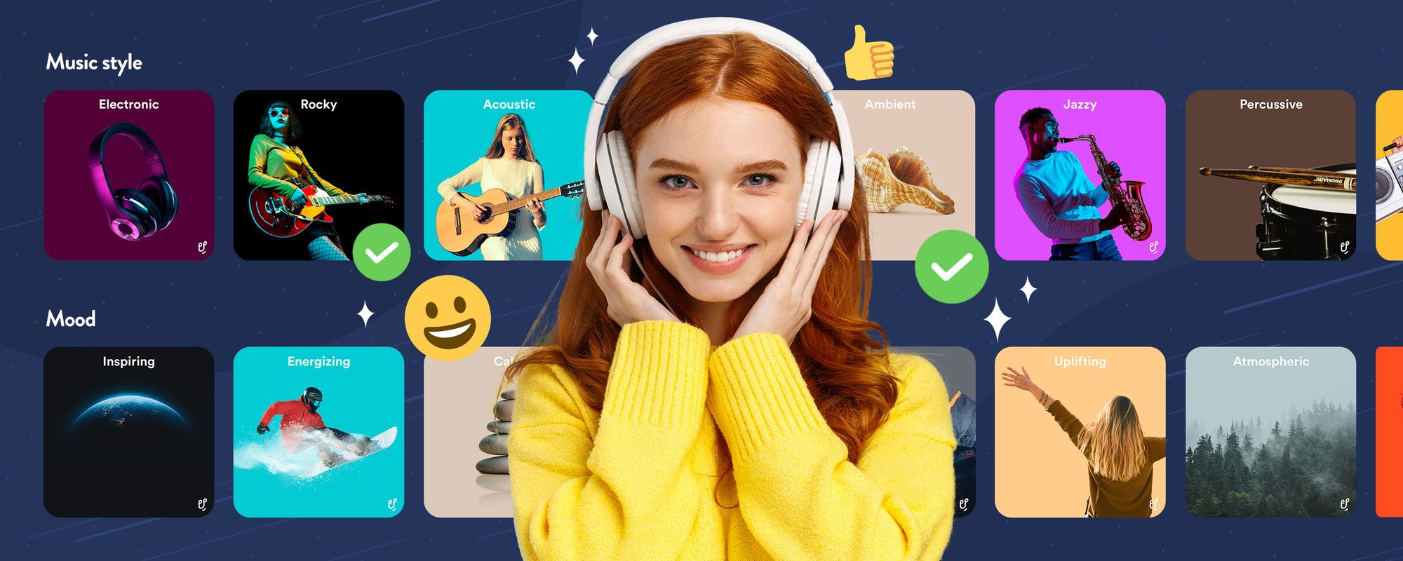 Image of a creator listening to music in front of a selection of the Uppbeat catalog's playlists.