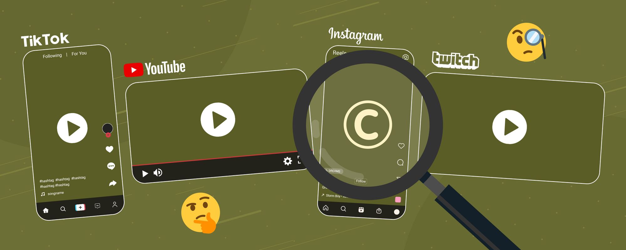 Images of different video platforms with a magnifying glass showing a copyright symbol to show the functon of the DMCA.