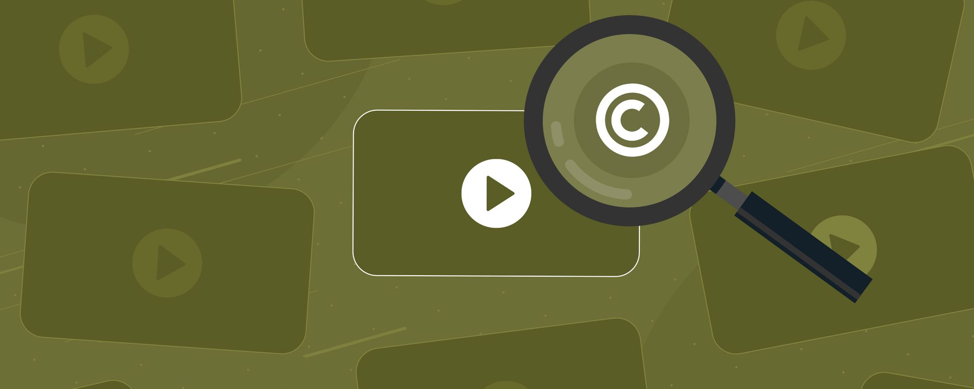 Images of YouTube and Twitch screens with a magnifying glass showing a copyright symbol to show the function of the DMCA.