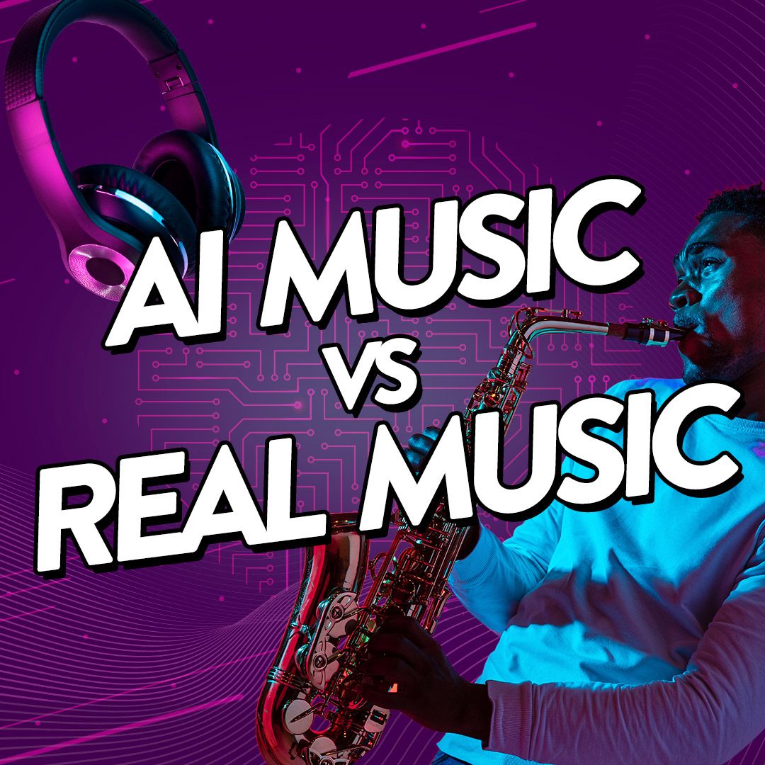 Image of a human musician against an illustration representing AI music.