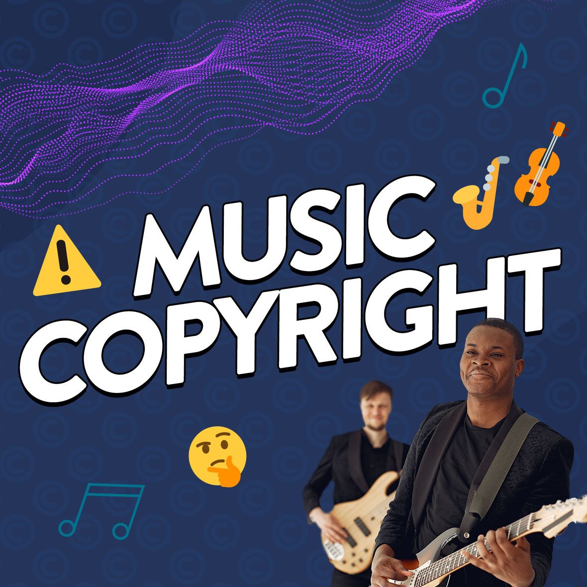 Image of musicians in front of text that says 'Music Copyright' and a selection of music-related emojis.