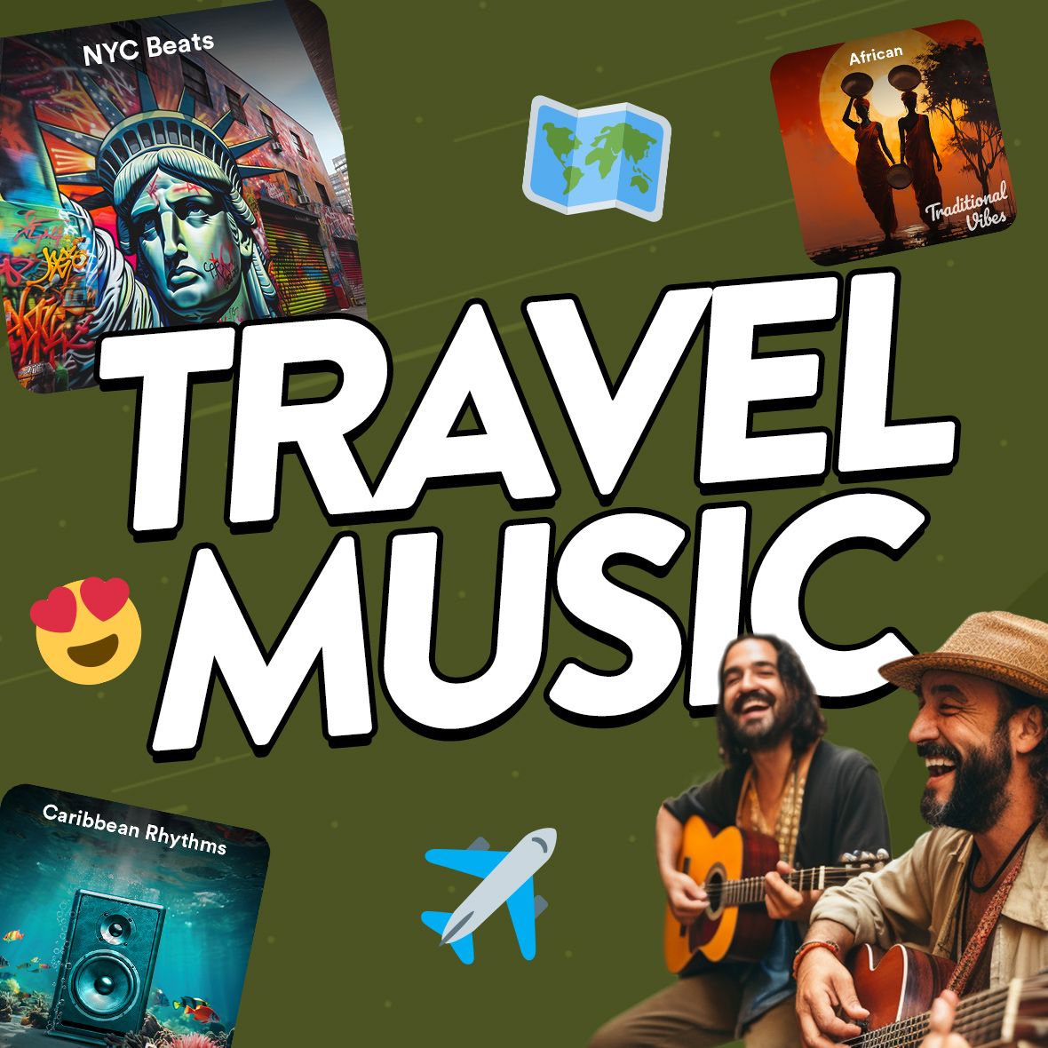 Images of Uppbeat travel music playlist tiles with large text saying 'Travel Music.'